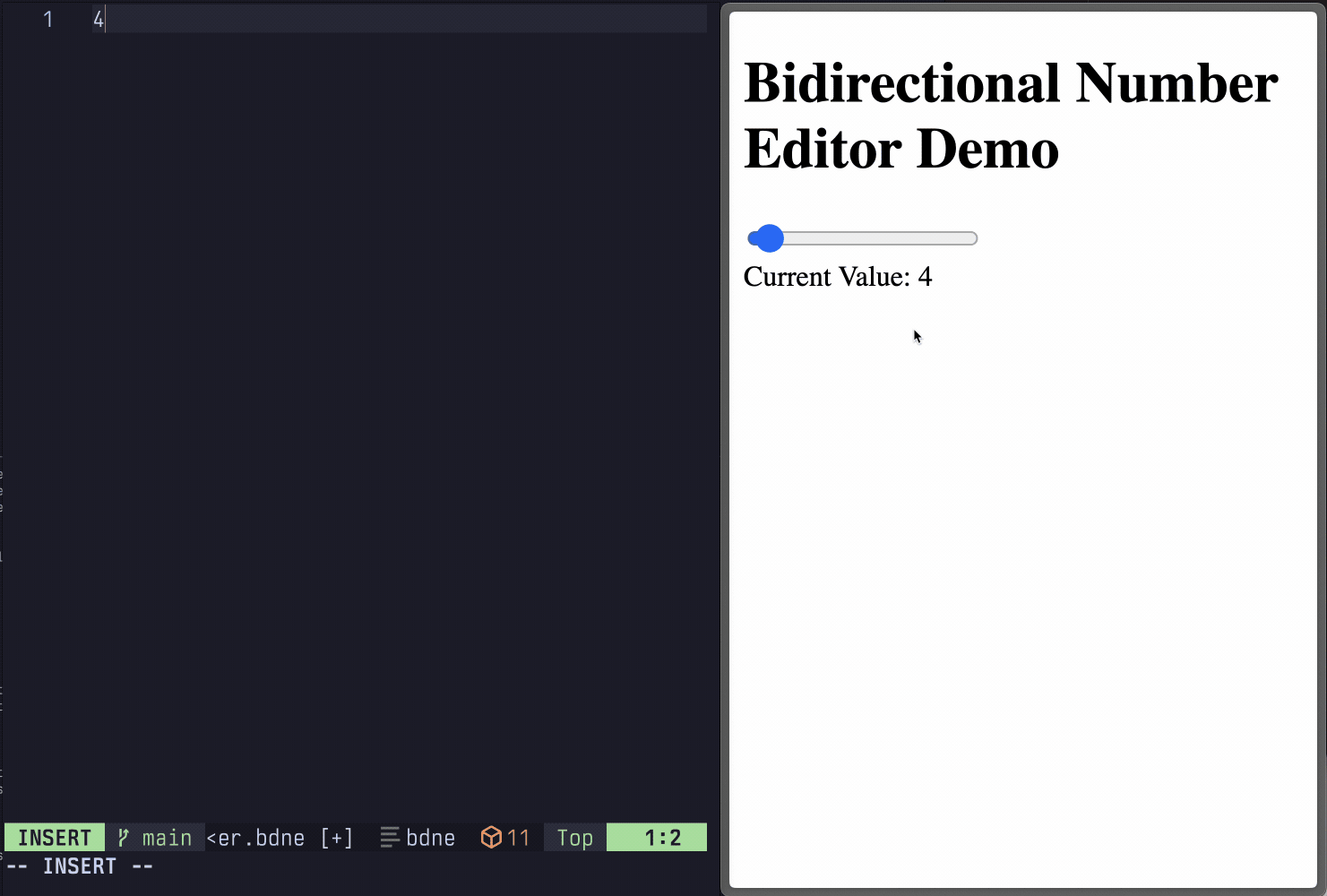 A screen recording showing edits in a text editor and a GUI updating each
other