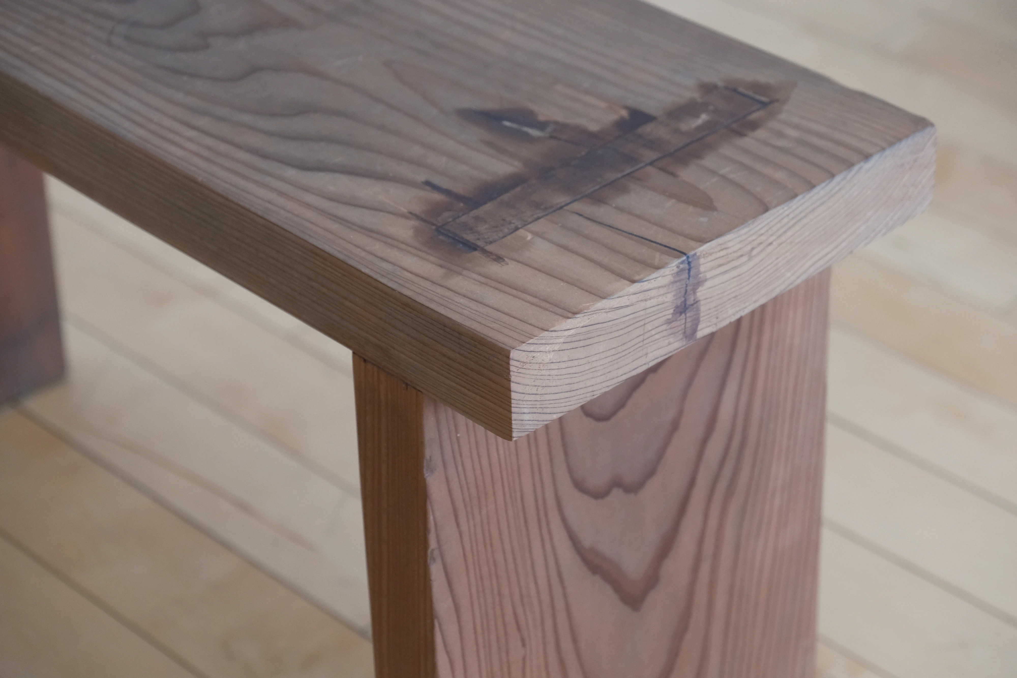 Close-up of the joinery of the shoe bench