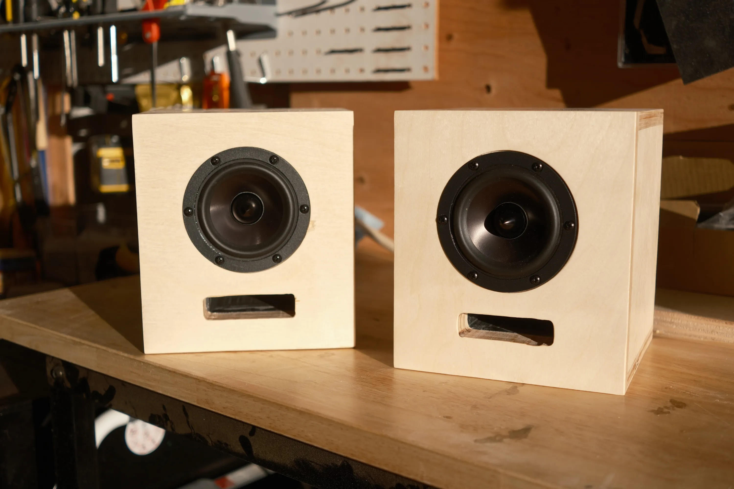 The speakers on a workbench